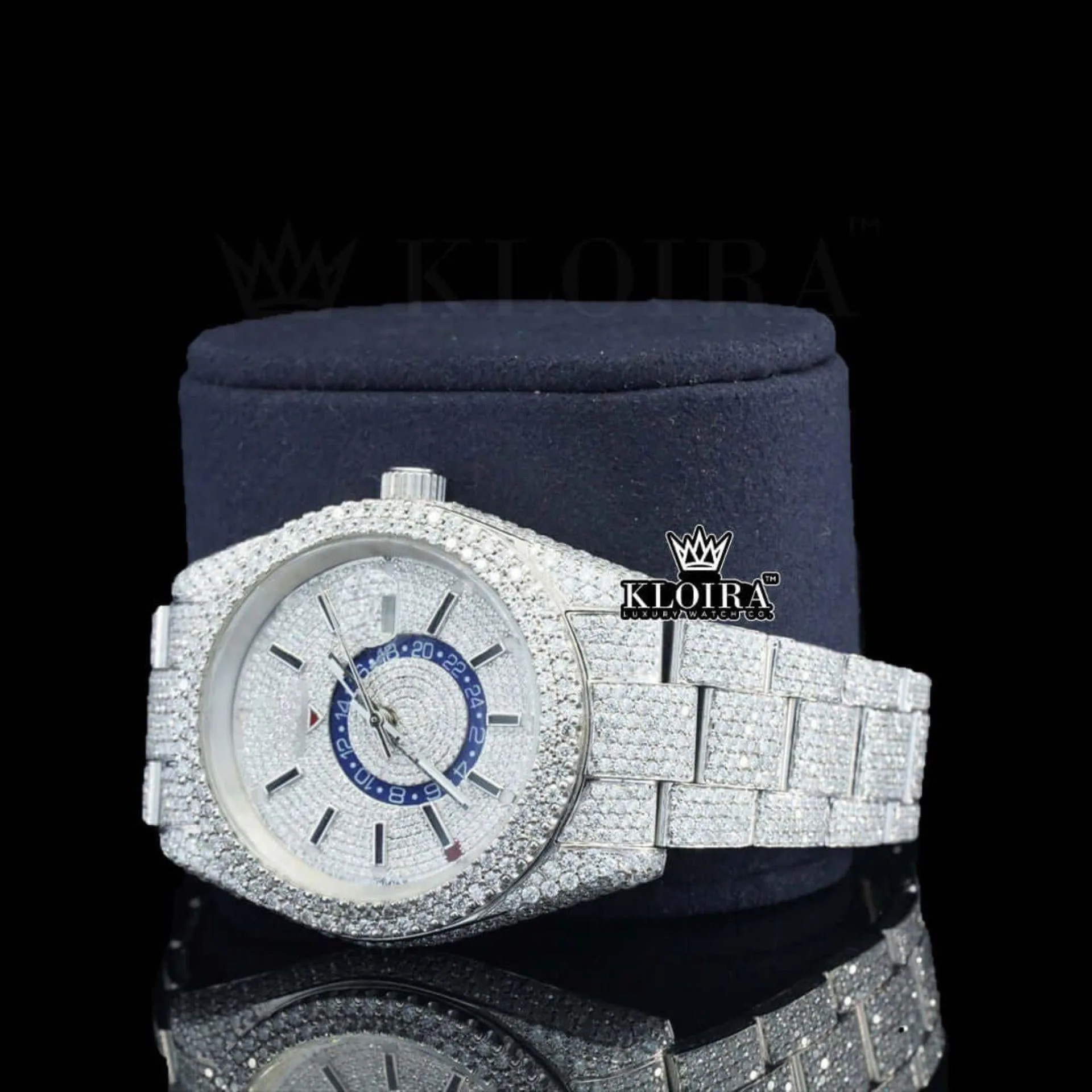 Black Stick Markers Dual Time Dial Fully Iced Out Moissanite Watch Left Profile View