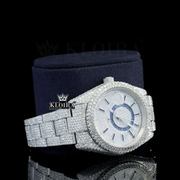 Black Stick Markers Dual Time Dial Fully Iced Out Moissanite Watch Right Profile View