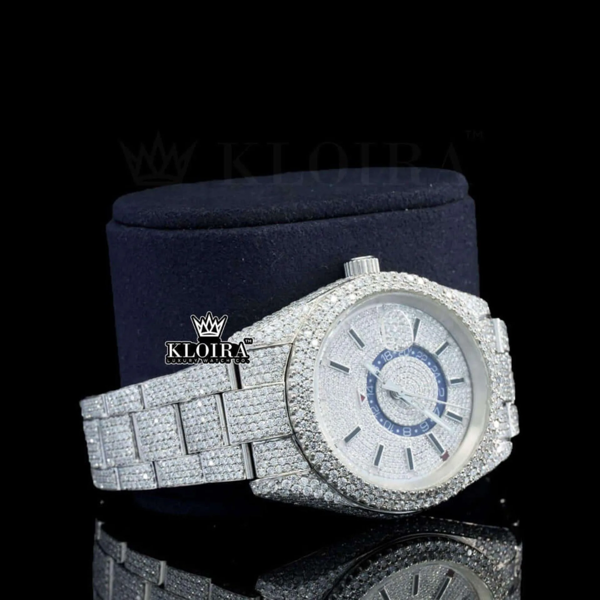 Black Stick Markers Dual Time Dial Fully Iced Out Moissanite Watch Right Profile View