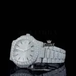 Black Stick Markers White Dial Fully Iced Moissanite Diamond Watch Left Profile View