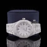 Black Stick Markers White Dial Fully Iced Out Lab Grown Diamond Watch Close Up Front View