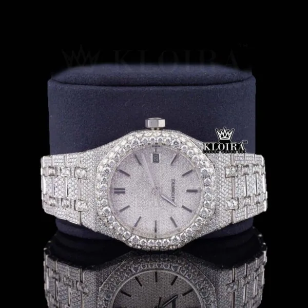 Black Stick Markers White Dial Fully Iced Out Lab Grown Diamond Watch Close Up Front View