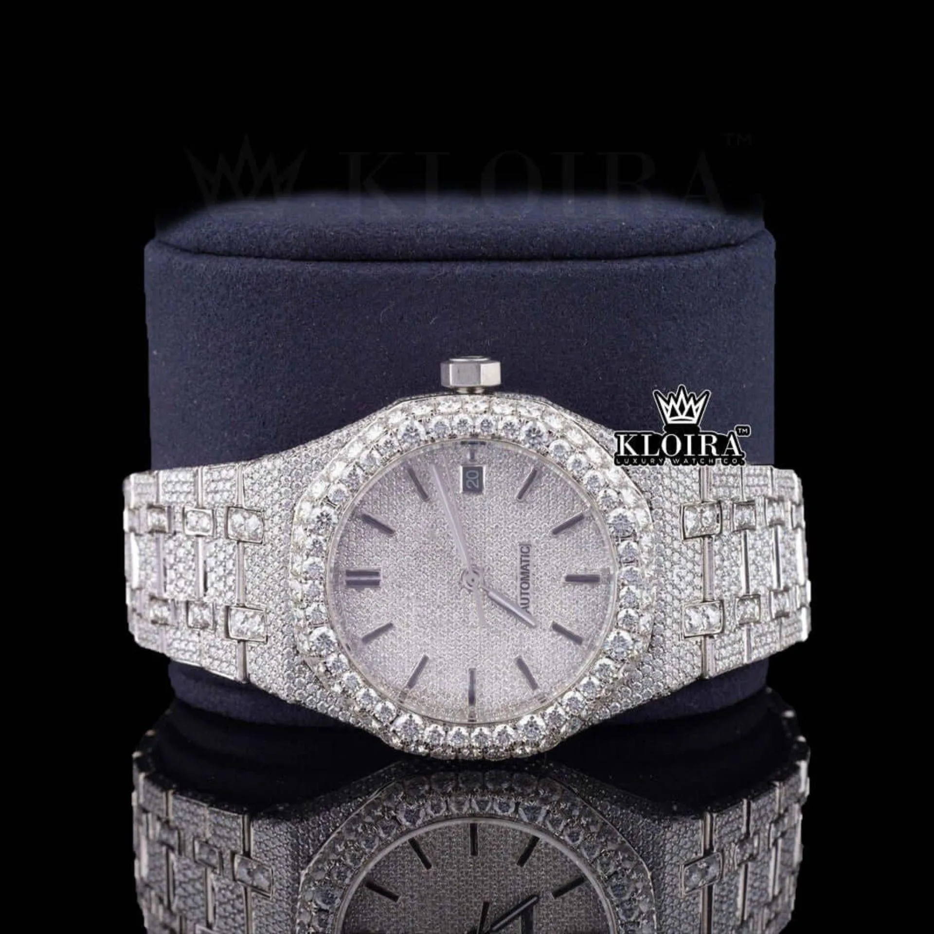Black Stick Markers White Dial Fully Iced Out Lab Grown Diamond Watch Close Up Front View