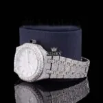 Black Stick Markers White Dial Fully Iced Out Lab Grown Diamond Watch Left Profile View