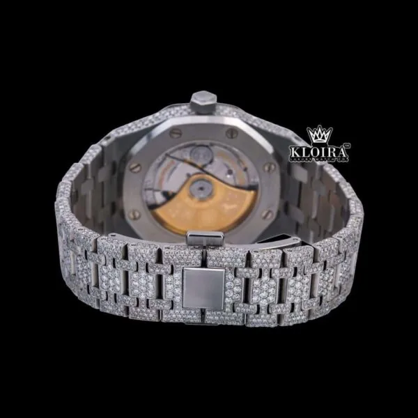 Black Stick Markers White Dial Fully Iced Out Moissanite Diamond Watch Caseback View