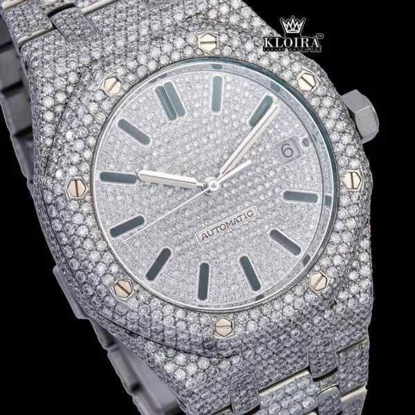 Black Stick Markers White Dial Fully Iced Out Moissanite Diamond Watch Close Up Dial View