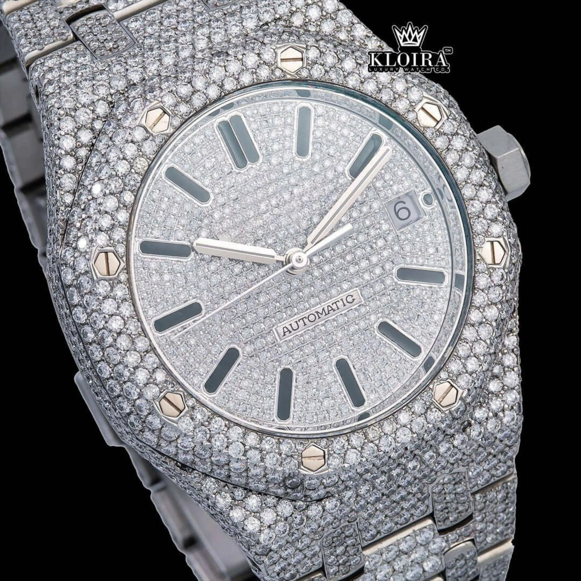 Black Stick Markers White Dial Fully Iced Out Moissanite Diamond Watch Close Up Dial View