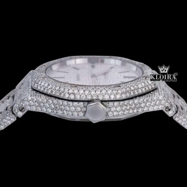 Black Stick Markers White Dial Fully Iced Out Moissanite Diamond Watch Crown View