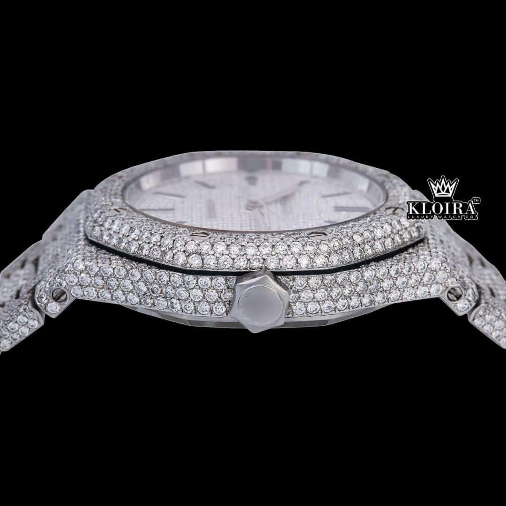 Black Stick Markers White Dial Fully Iced Out Moissanite Diamond Watch Crown View