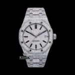 AP Royal Oak Fully Iced Out Moissanite Watch with White Dial and Black Stick Markers