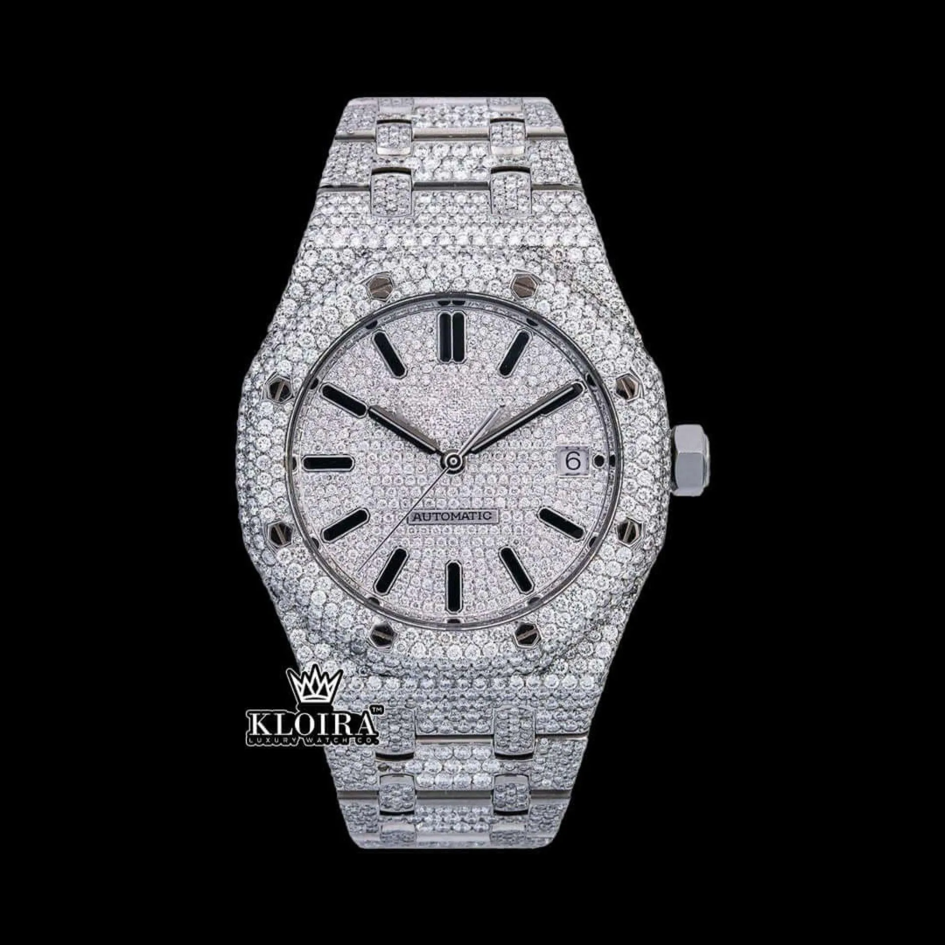 AP Royal Oak Fully Iced Out Moissanite Watch with White Dial and Black Stick Markers