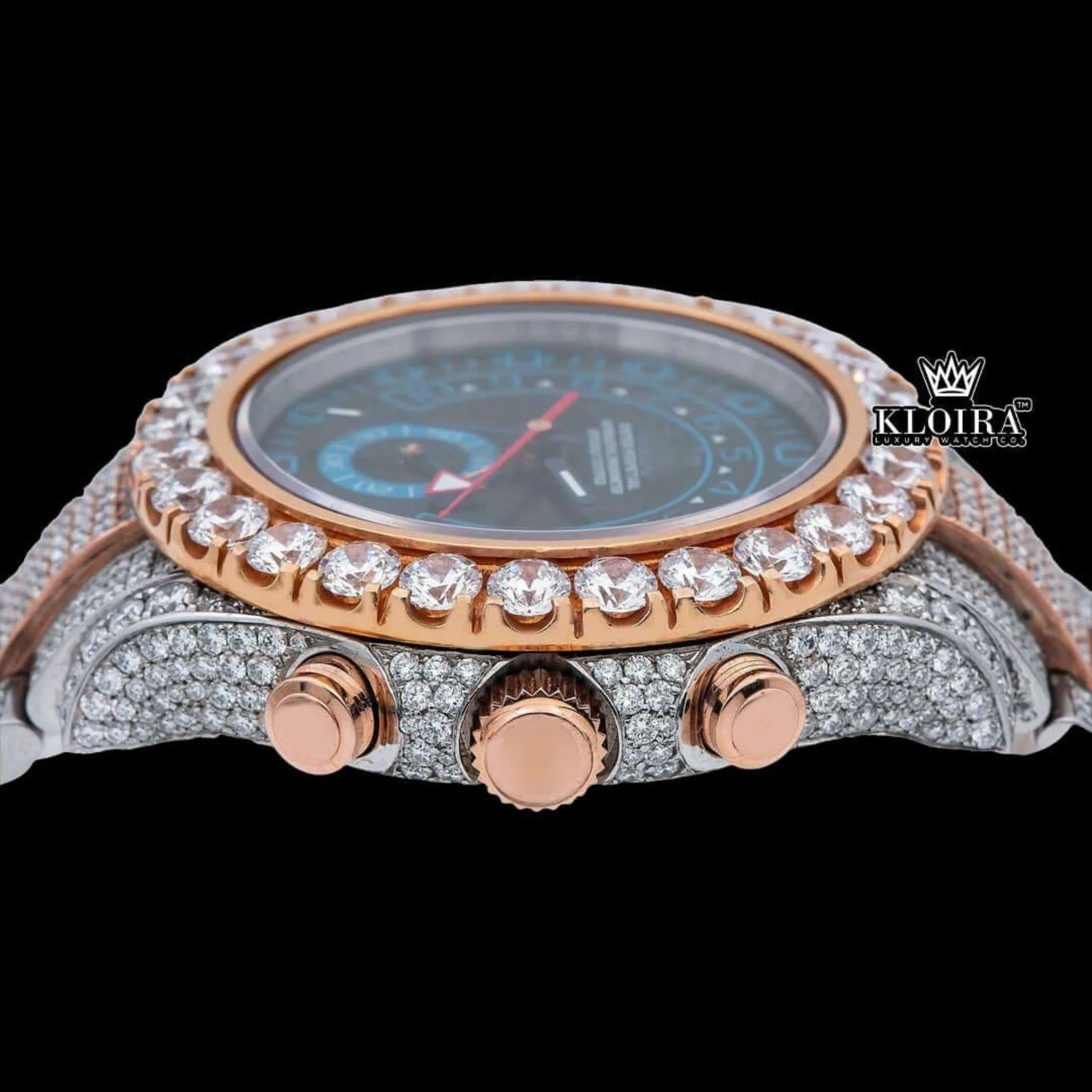 Black Sub Dial Standard Numerals Two Tone Rose Gold Lab-grown Diamond Watch Crown View