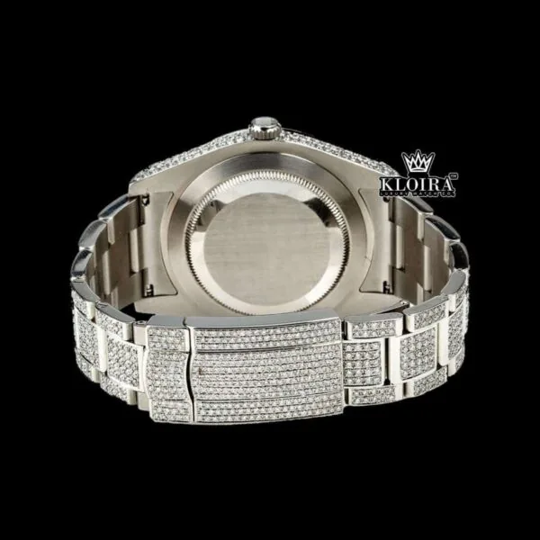 Blue Arabic Numerals Dial Iced Out Diamond Link Strap Moissanite Watch Caseback View