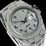 Blue Arabic Numerals Dial Iced Out Diamond Link Strap Moissanite Watch Close Up Dial View