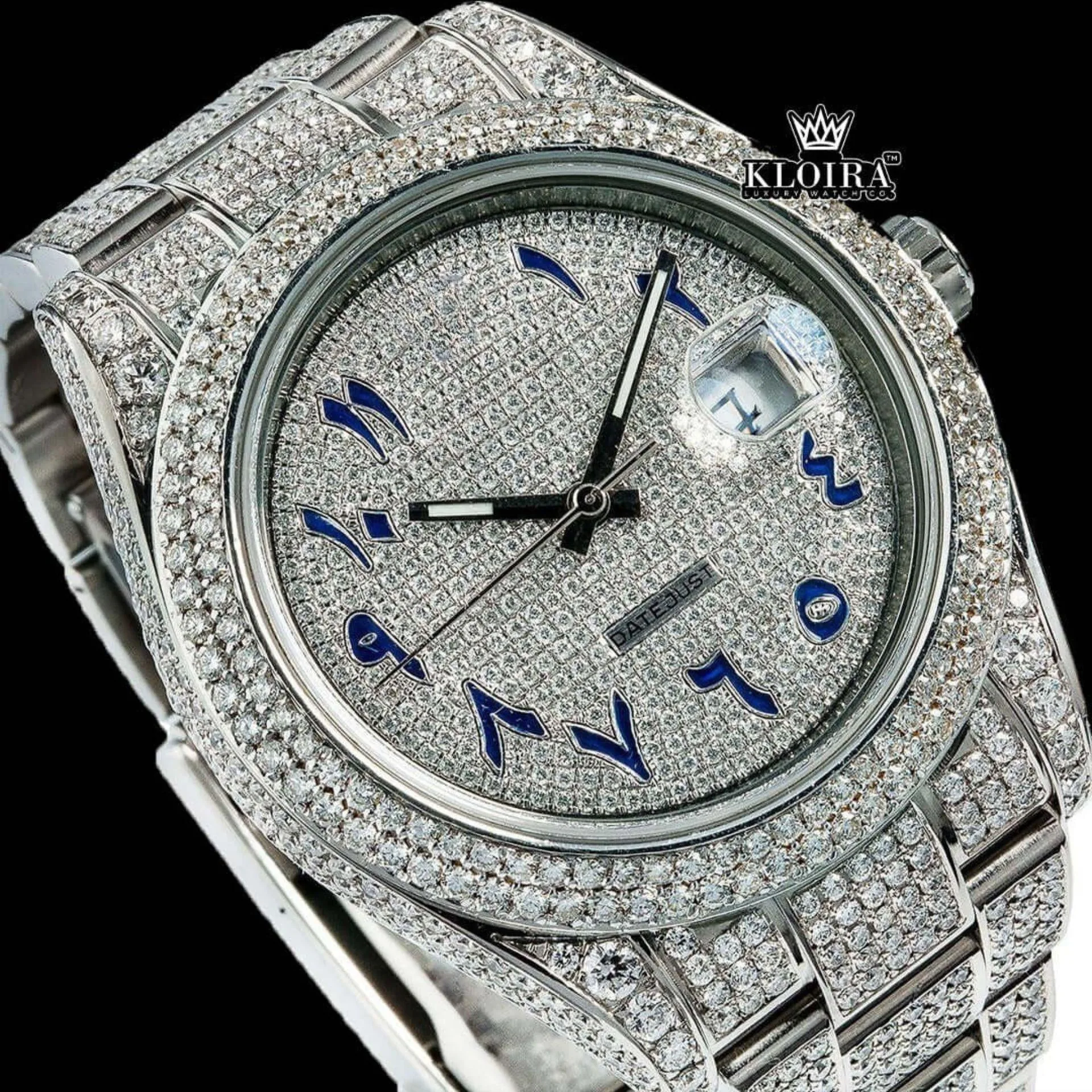 Blue Arabic Numerals Dial Iced Out Diamond Link Strap Moissanite Watch Close Up Dial View