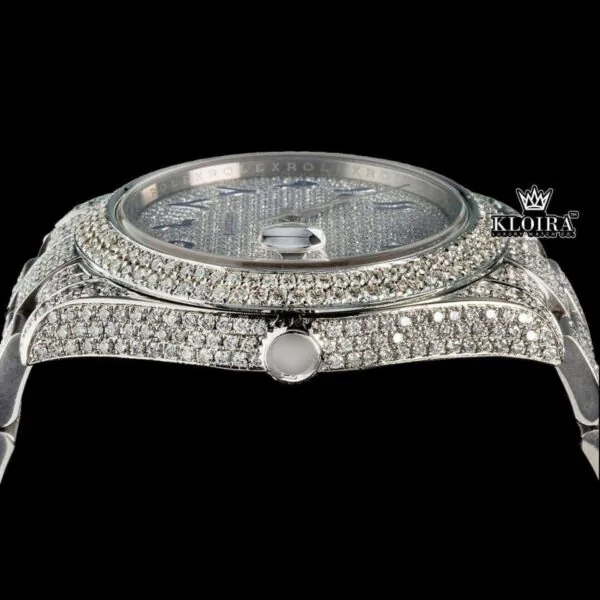 Blue Arabic Numerals Dial Iced Out Diamond Link Strap Moissanite Watch Crown View