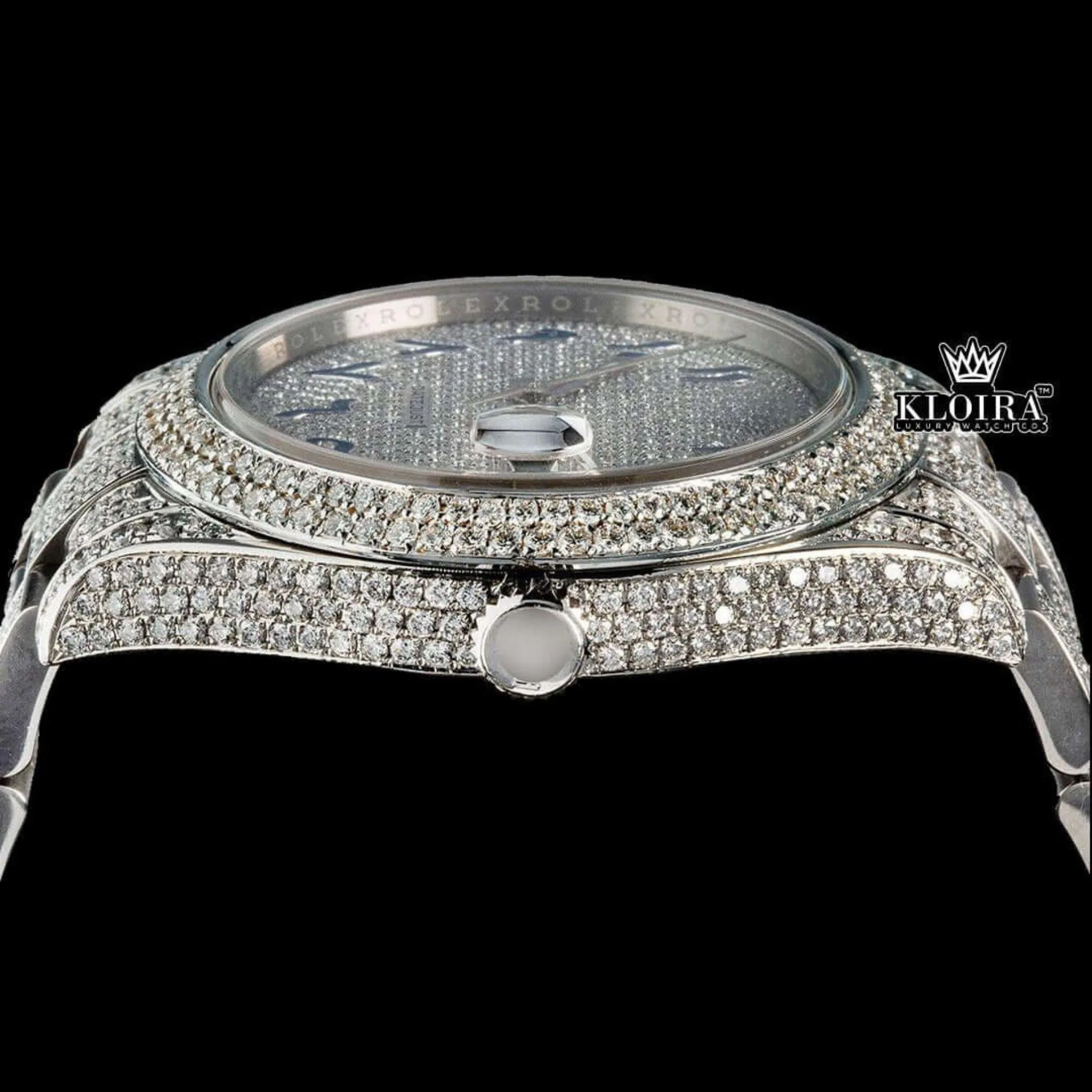 Blue Arabic Numerals Dial Iced Out Diamond Link Strap Moissanite Watch Crown View