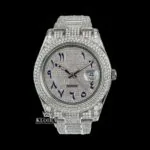 Roles Moissanite Watch with Blue Arabic Numerals Dial and Iced Out Diamond Link Strap