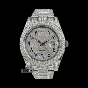 Roles Moissanite Watch with Blue Arabic Numerals Dial and Iced Out Diamond Link Strap