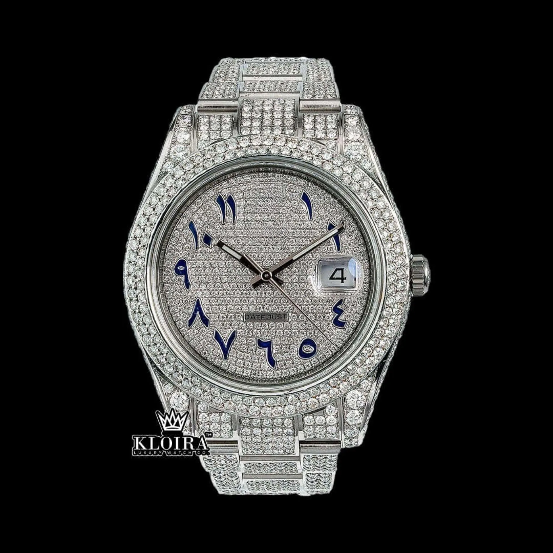 Roles Moissanite Watch with Blue Arabic Dial and Iced Out Diamond Link Strap