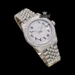 Blue Arabic Numerals Fully Iced Out Moissanite Diamond Watch Close Up Front View