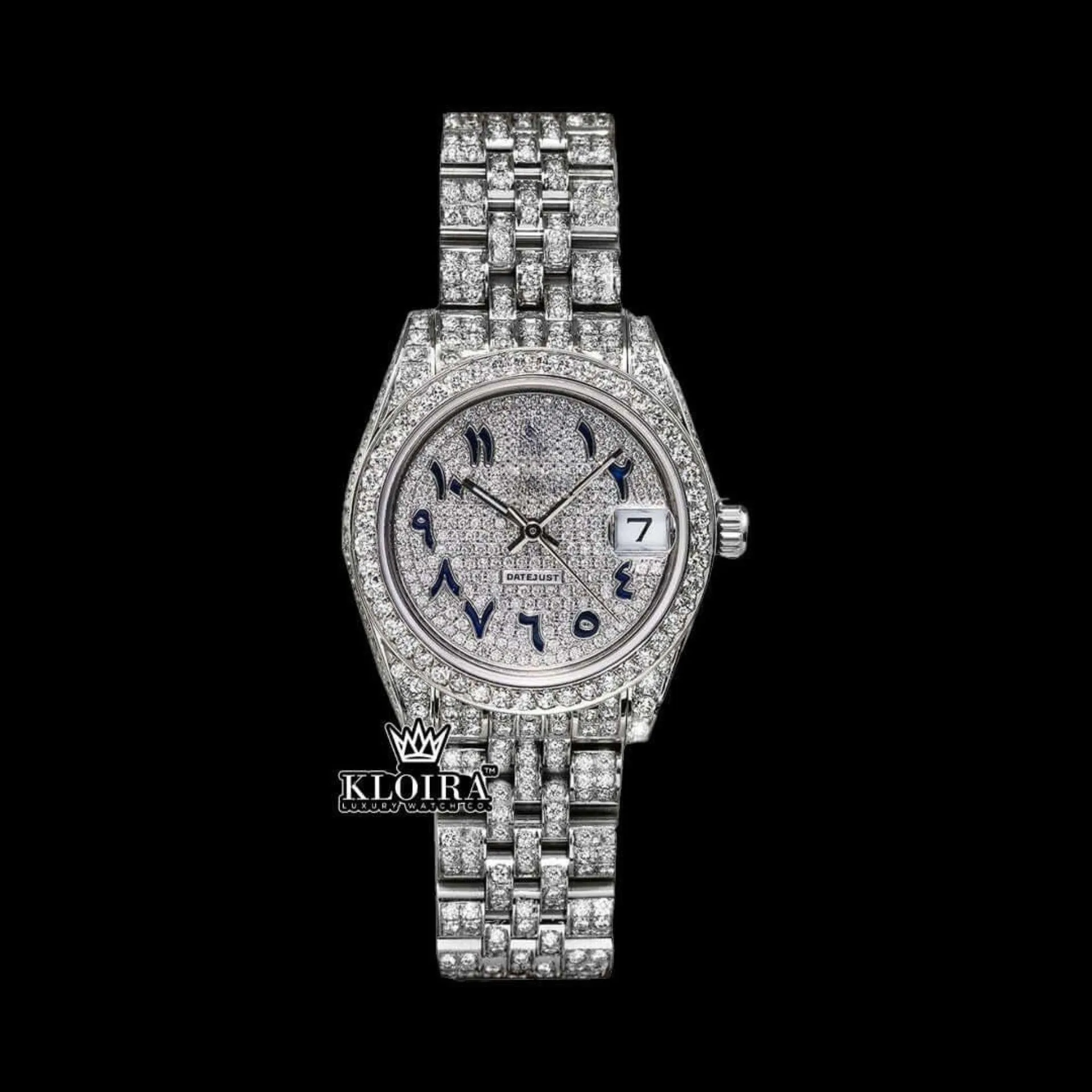 Roles Blue Arabic Numerals Fully Iced Out Moissanite Watch showcasing intricate details and design