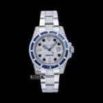 Roles Blue Bezel Moissanite Watch with Diamond Markers and White Dial