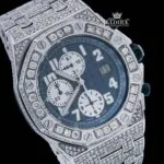 Blue Chronograph Dial Standard Numerals Fully Iced Out Moissanite Watch Close Up Dial View