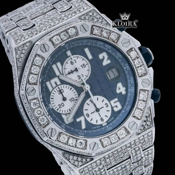 Blue Chronograph Dial Standard Numerals Fully Iced Out Moissanite Watch Close Up Dial View