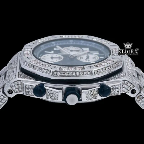 Blue Chronograph Dial Standard Numerals Fully Iced Out Moissanite Watch Crown View