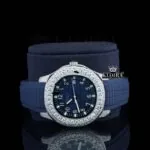 Blue Dial Blue Rubber Strap Semi Iced Out Moissanite Watch Close Up Dial View