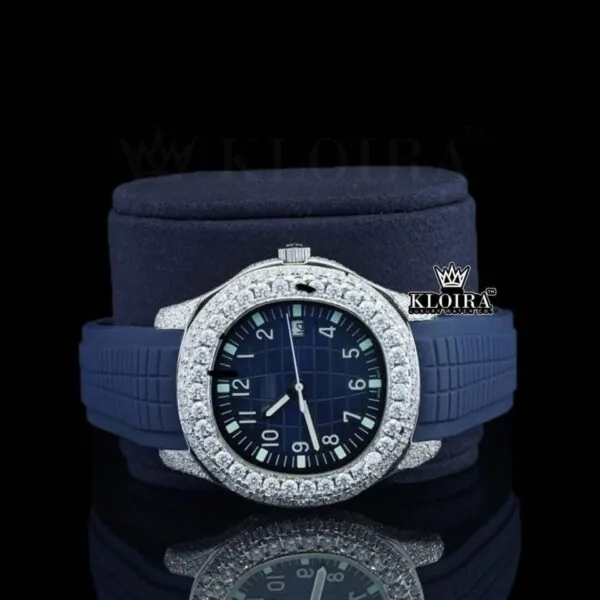 Blue Dial Blue Rubber Strap Semi Iced Out Moissanite Watch Close Up Dial View