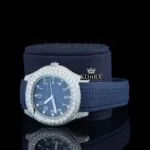 Blue Dial Blue Rubber Strap Semi Iced Out Moissanite Watch Left Profile View