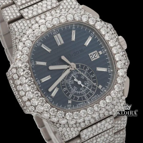 Blue Dial Diamond Markers Chronograph Moissanite Diamond Watch Close Up Dial View