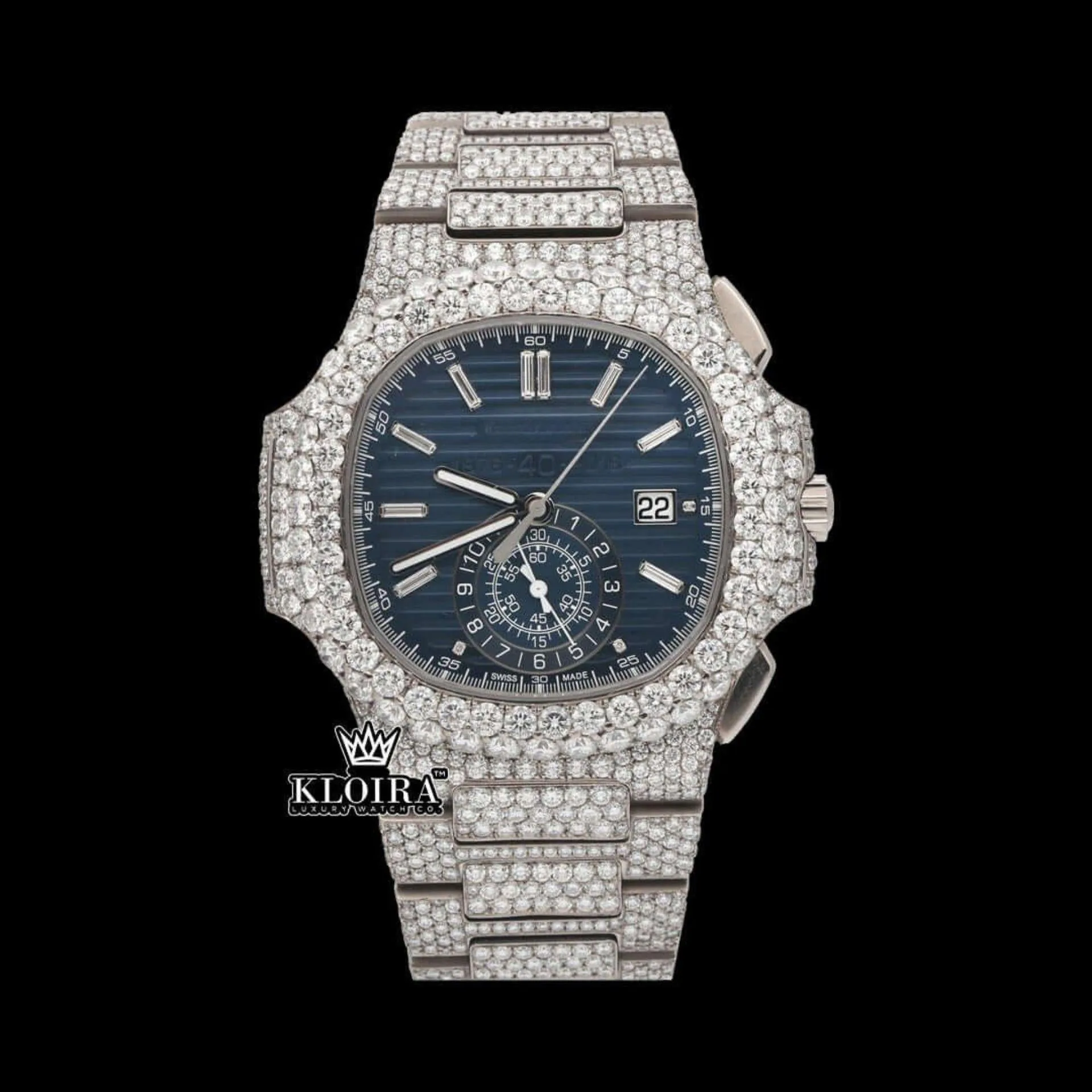 Patik Philippe Nautilus Chronograph Moissanite Diamond Watch with Blue Dial