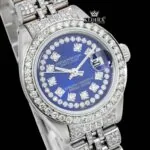 Blue Dial Diamond Markers Fully Iced Out Moissanite Diamond Watch Close Up Dial View