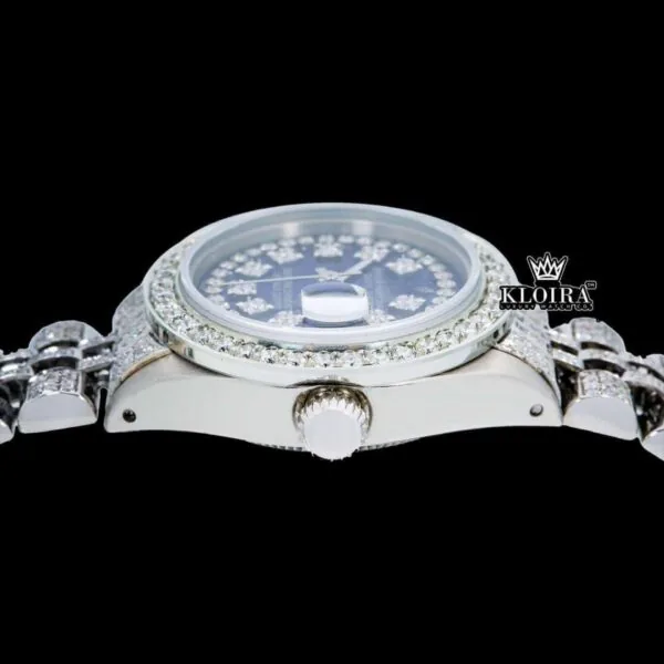 Blue Dial Diamond Markers Fully Iced Out Moissanite Diamond Watch Crown View