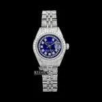 Roles Moissanite Watch with Blue Dial and Diamond Markers Front View