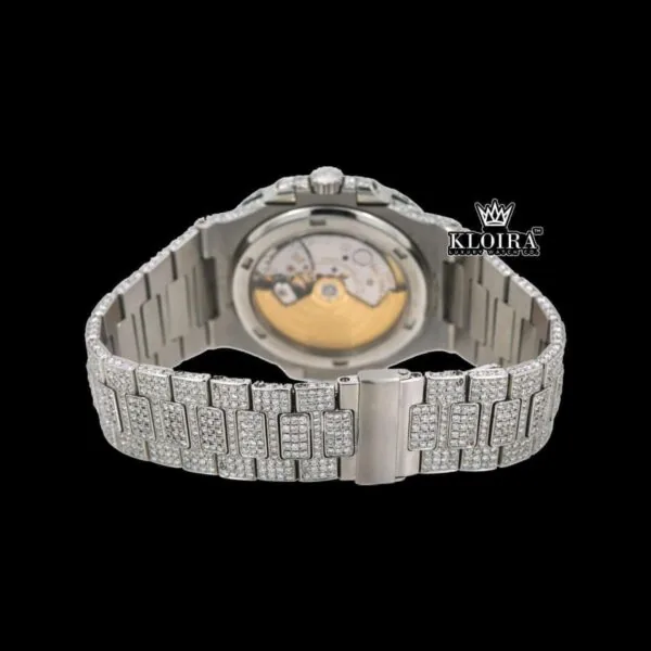 Blue Dial Fully Iced Out Moissanite Diamond Watch Caseback View