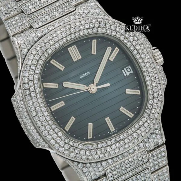 Blue Dial Fully Iced Out Moissanite Diamond Watch Close Up Dial View