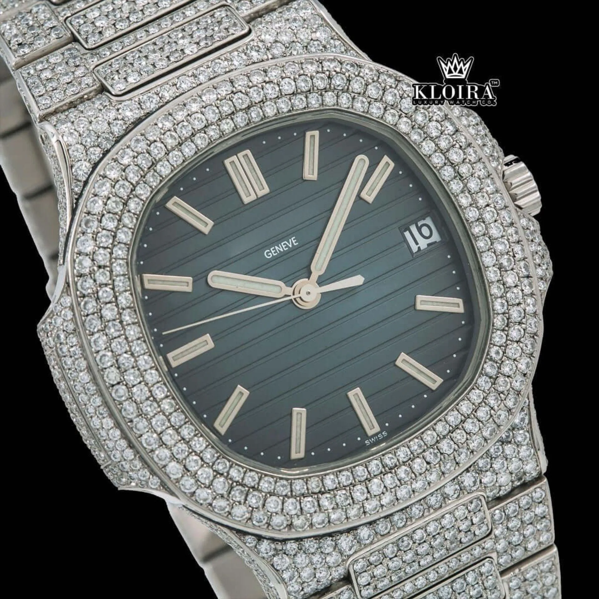 Blue Dial Fully Iced Out Moissanite Diamond Watch Close Up Dial View