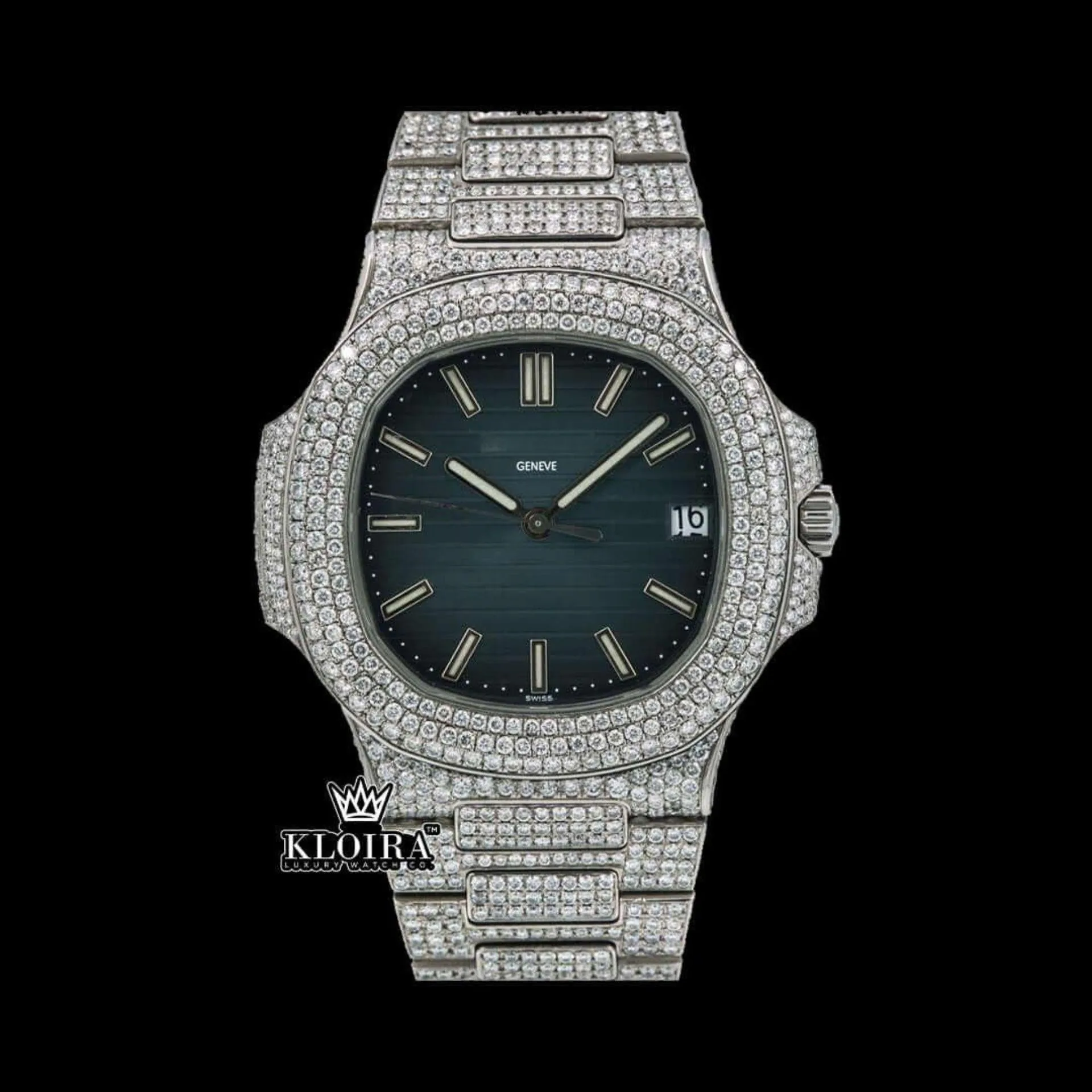 Patik Philippe Nautilus Blue Dial Fully Iced Out Moissanite Watch with sparkling details