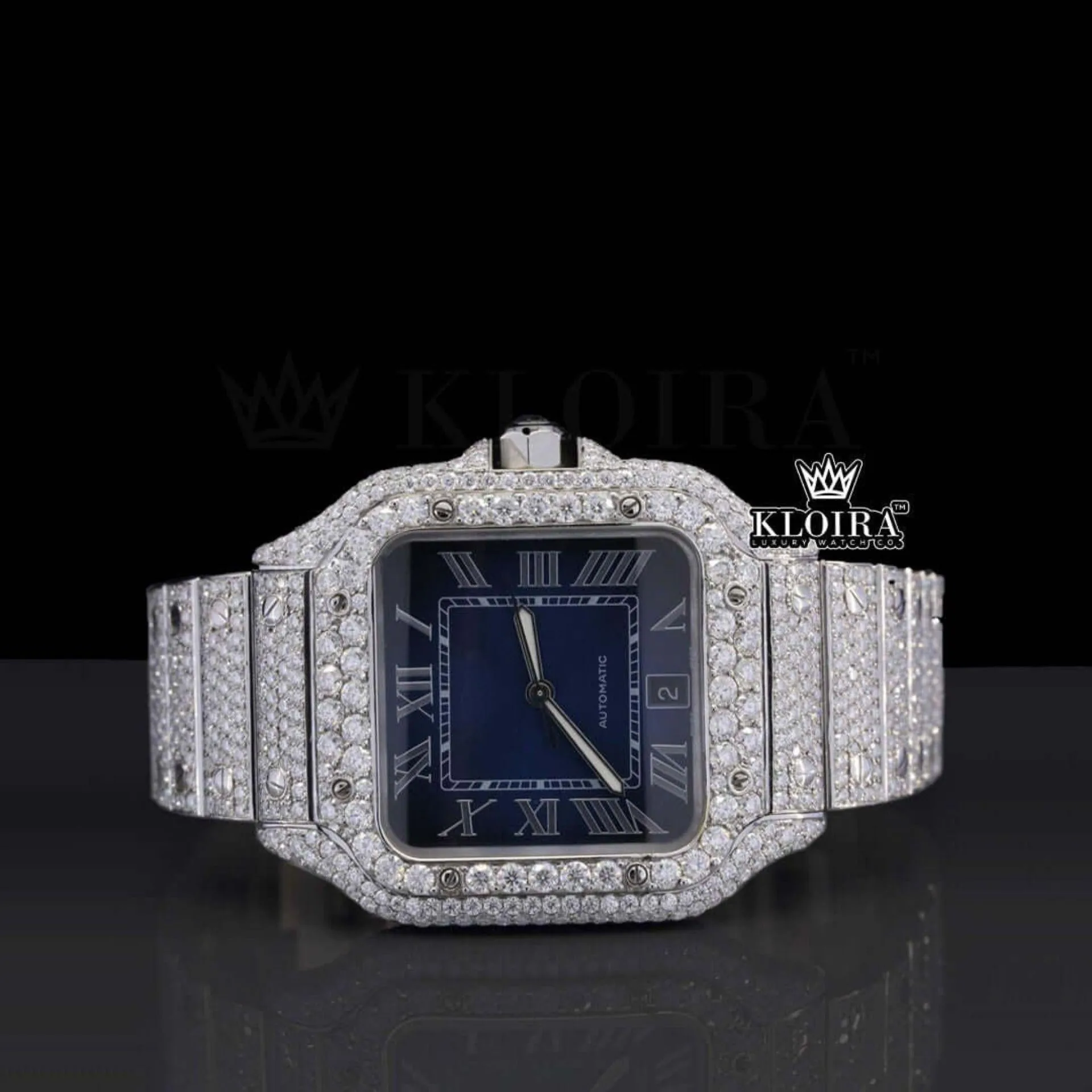 Cartior Blue Dial Roman Numerals Moissanite Watch with Iced-Out Bracelet