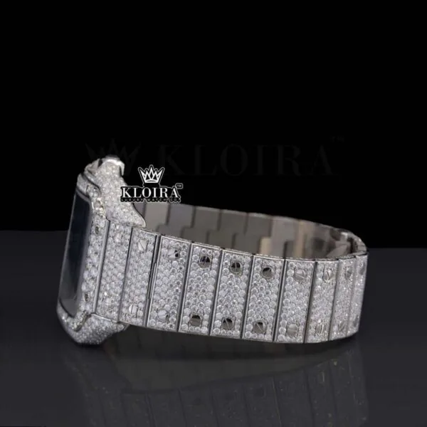 Blue Dial Roman Numerals Fully Iced Out Natural Diamond Watch Left Side View