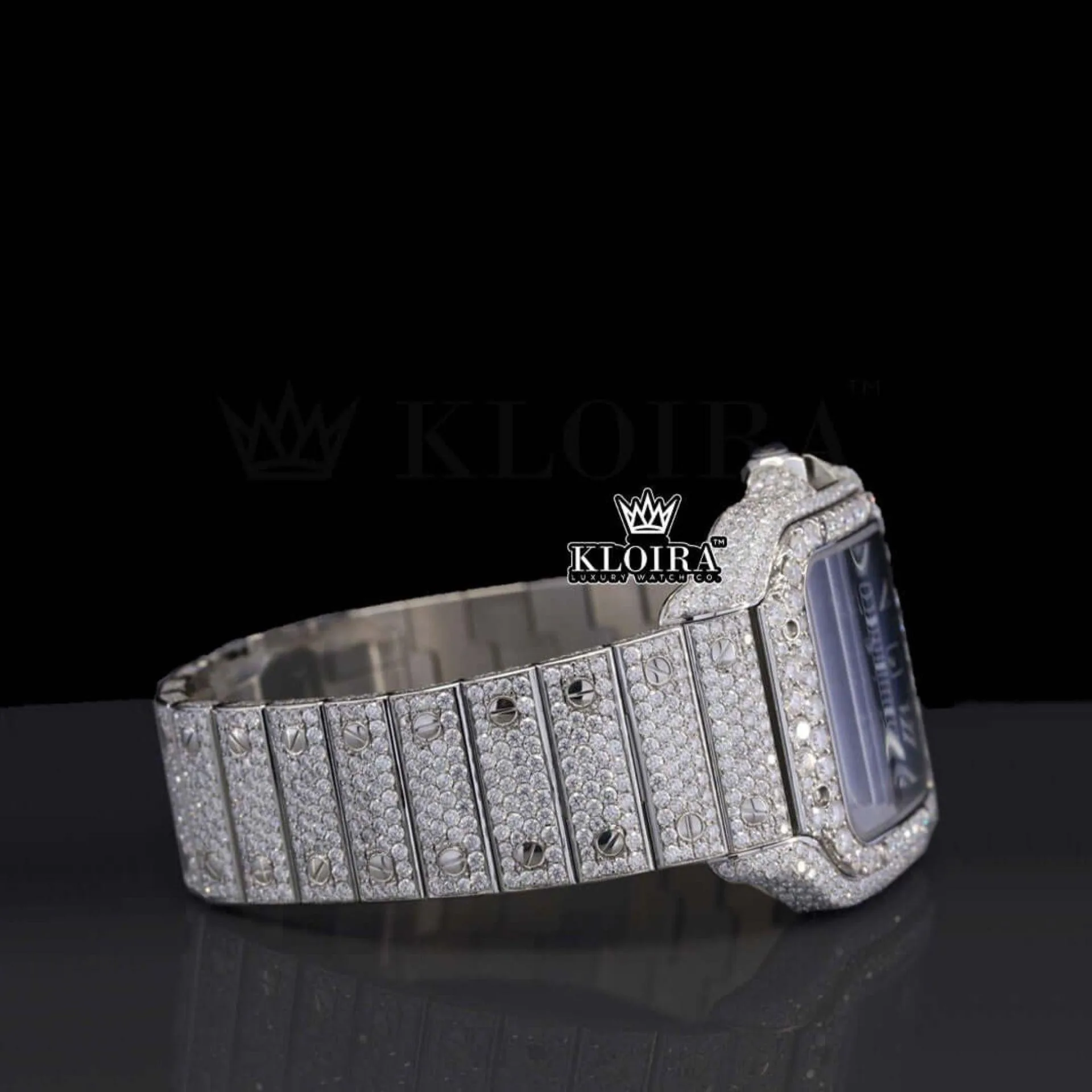 Blue Dial Roman Numerals Fully Iced Out Natural Diamond Watch Right Side View