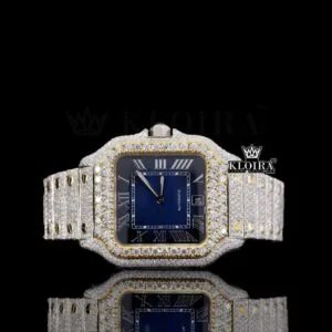Cartior Santos Two Tone Moissanite Diamond Watch with Blue Dial
