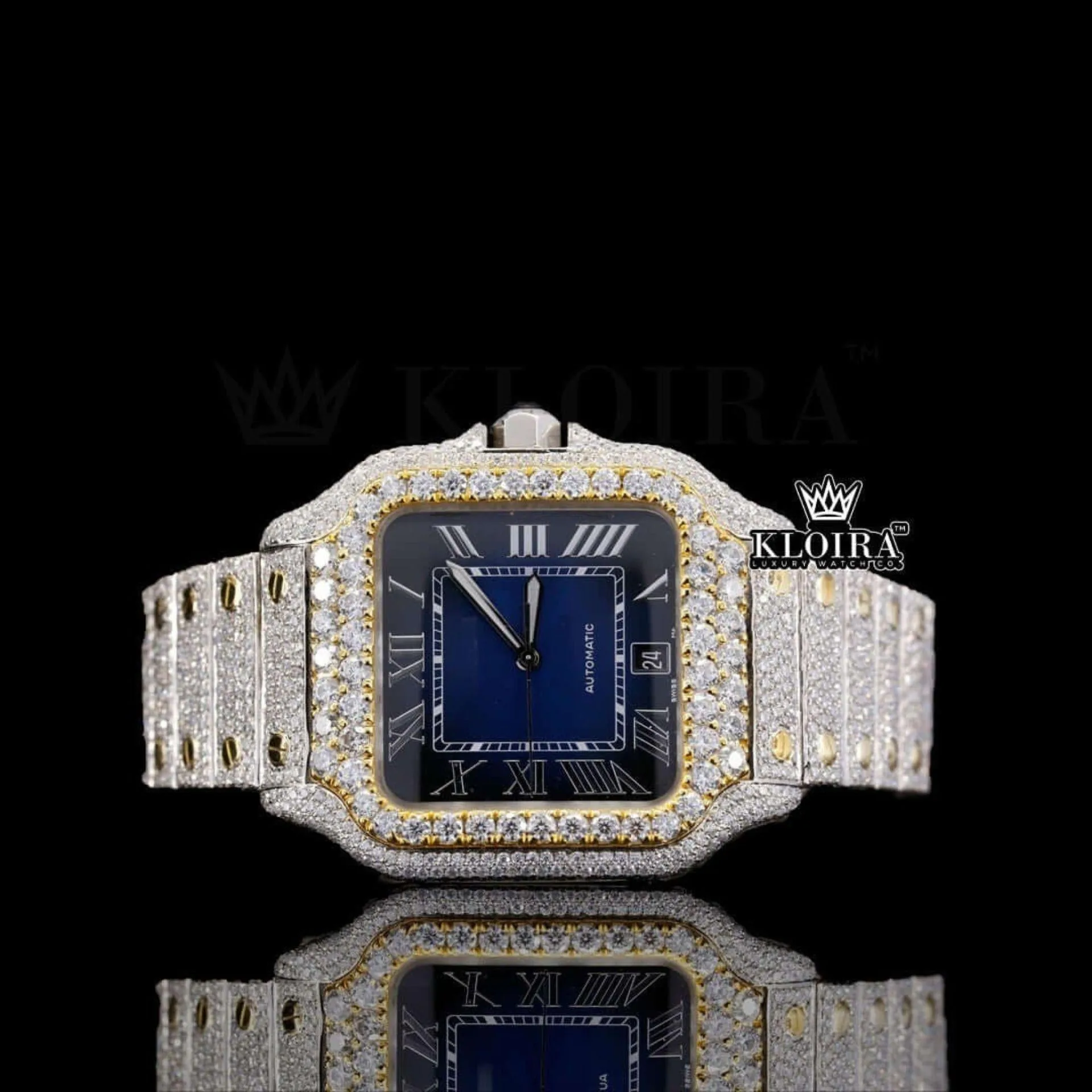 Cartior Santos Two Tone Moissanite Diamond Watch with Blue Dial Front View