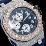 Blue Dial Rose Gold Rubber Strap Moissanite Diamond Watch Close Up Dial View