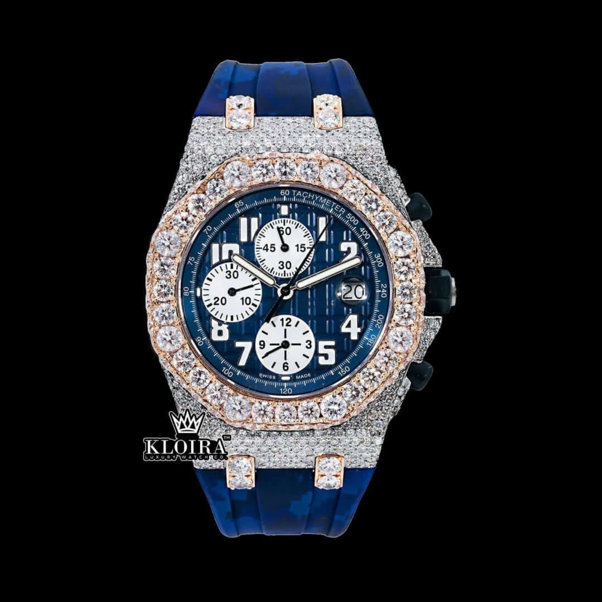 AP Royal Oak Offshore Moissanite Watch with Blue Dial and Rubber Strap