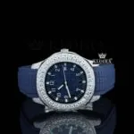 Patik Philippe Nautilus Blue Dial Rubber Strap Semi Iced Out Diamond Watch